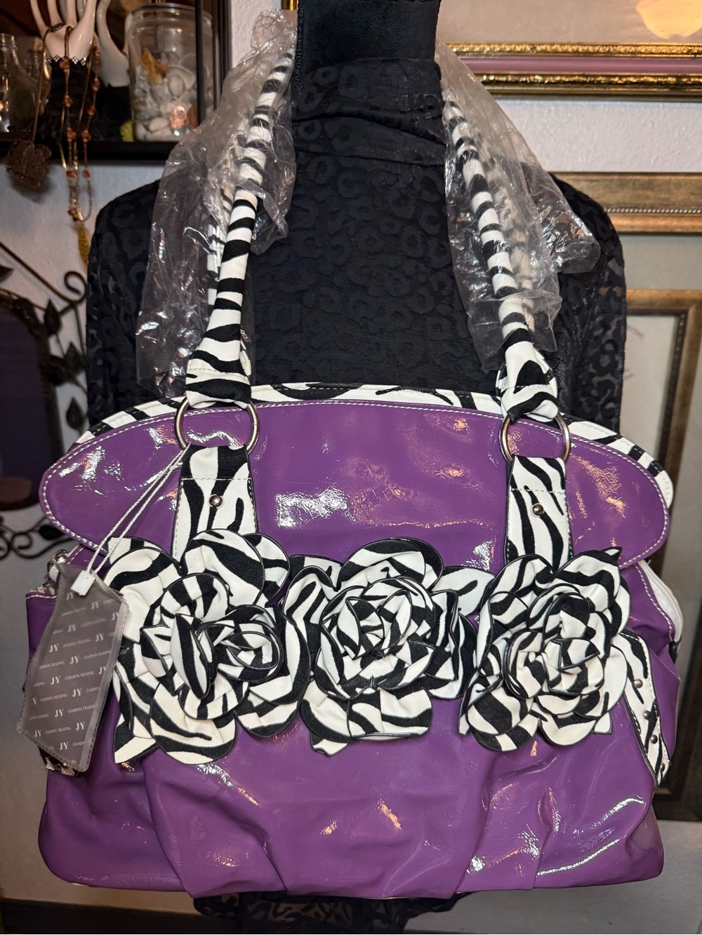 JY Fashion Y2K Purple Glossy Zebra Print Rosette Flower Purse Bag